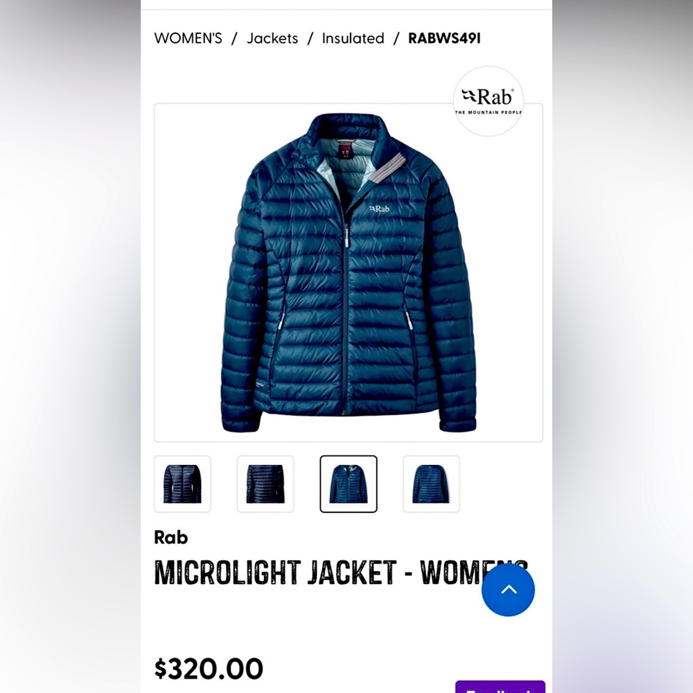 Rab Microlight down jacket. Brand new with tags.  Ordered the wrong size